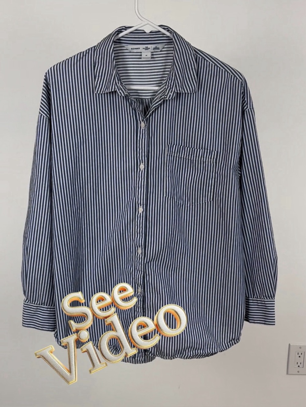 👛(ANY 2/$20) OLD NAVY Boyfriend Narrow Striped Blue and White Button-Down Shirt